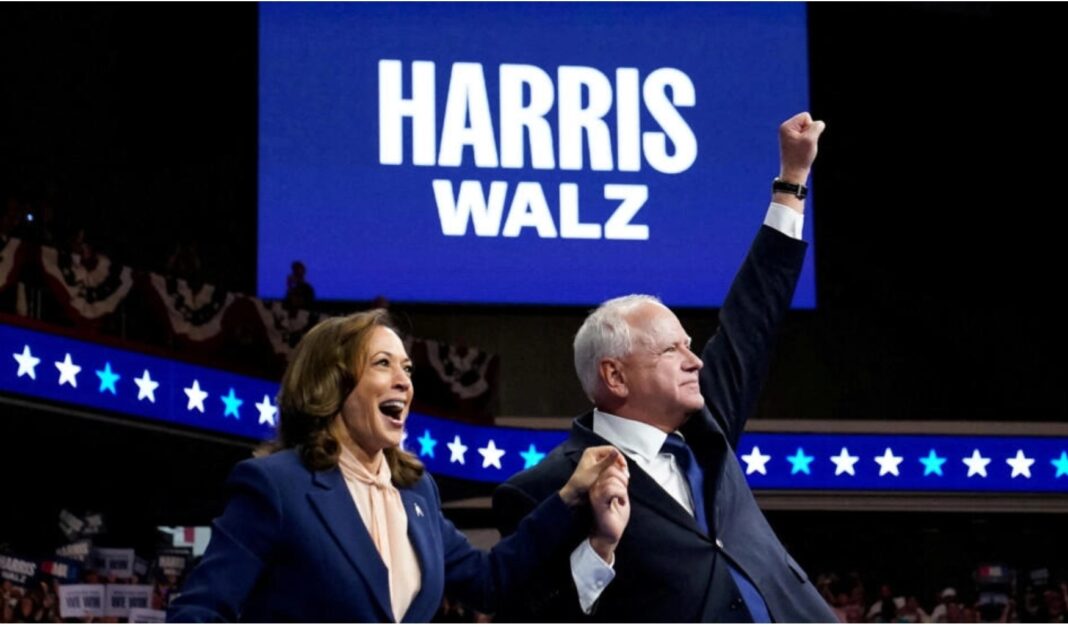 Kamala Harris et son colistier Tim Walz en meeting à Philadelphie le 6 août 2024. © Elizabeth Frantz, Reuters