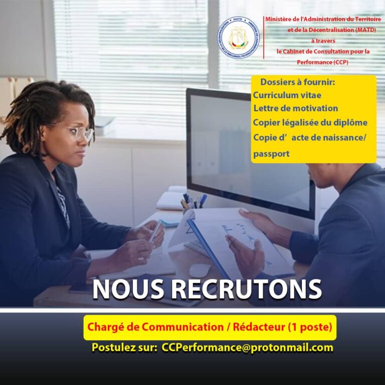 Processus électoraux en Guinée : le MATD à travers le Cabinet de Consultation pour la Performance (CCP) recrute plusieurs profils